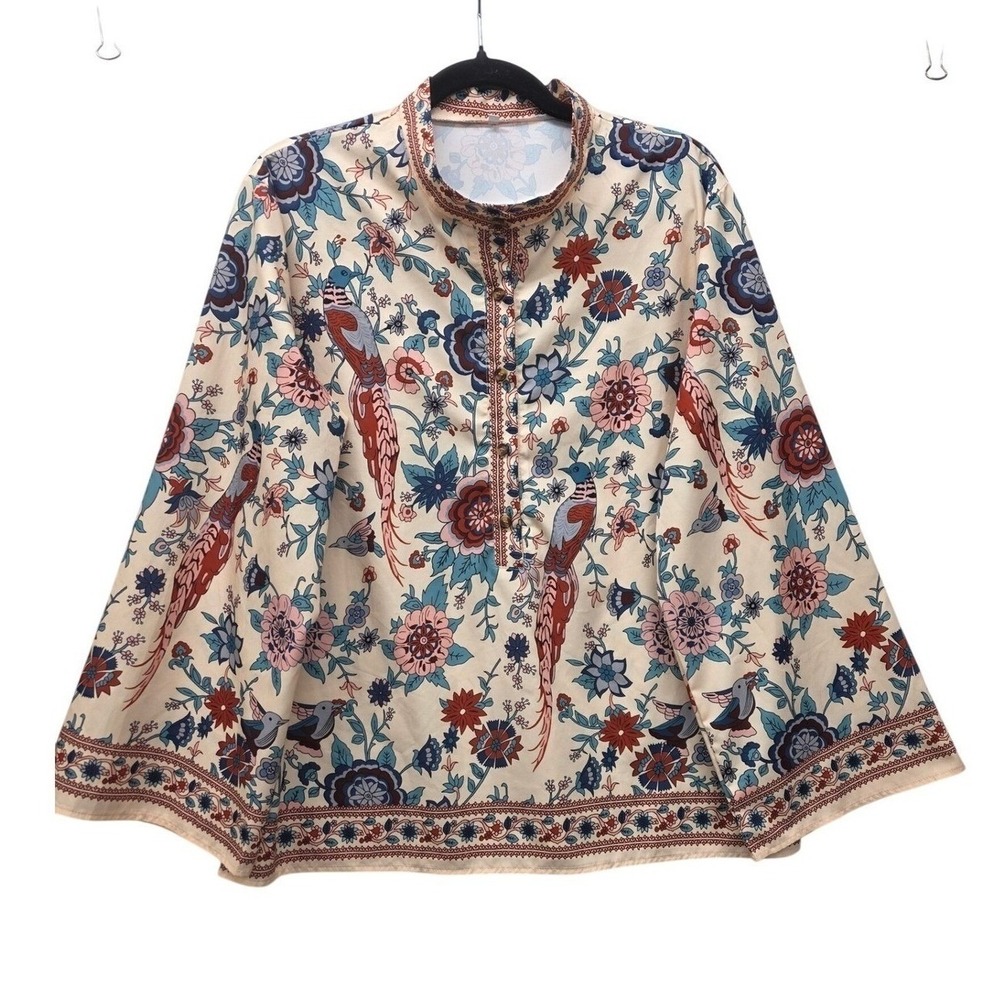 Boho Floral Bird Print Blouse XL Mock Neck Bell Sleeve Peacock Pattern Top